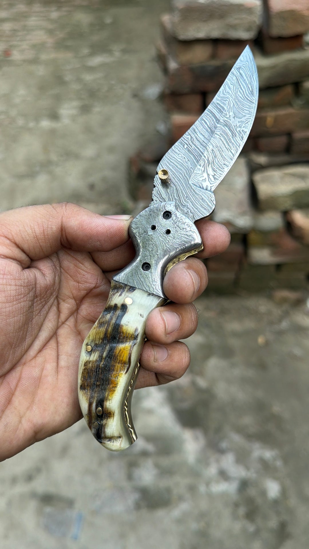 Pearlridge Damascus Folder 7" Handmade Mother of Pearl Lock Back