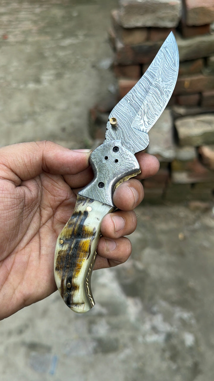 Pearlridge Damascus Folder 7" Handmade Mother of Pearl Lock Back