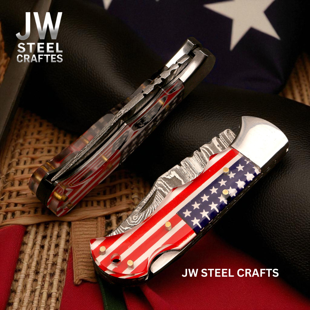 American Flag Damascus Folding Hunter with Ram Horn Handle