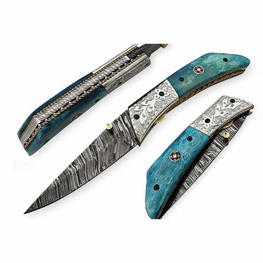 Three folding knives with blue handles and silver blades on a white background
