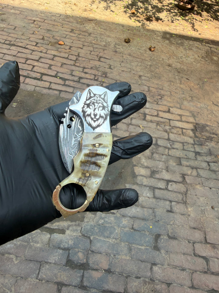 Wolf Claw Damascus Folding Karambit with Engraved Wolf Bolster&amp;nbsp;