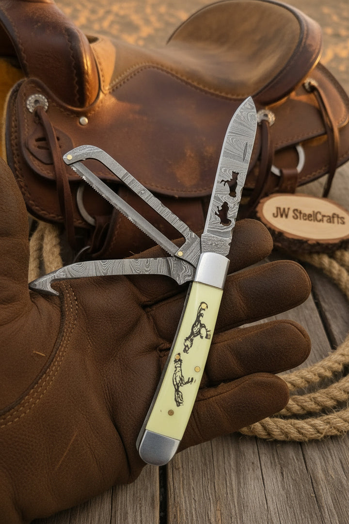 Ivory Stallion Trail Trapper Folder Knife 7" Handmade Damascus Steel with Ivory bone handle