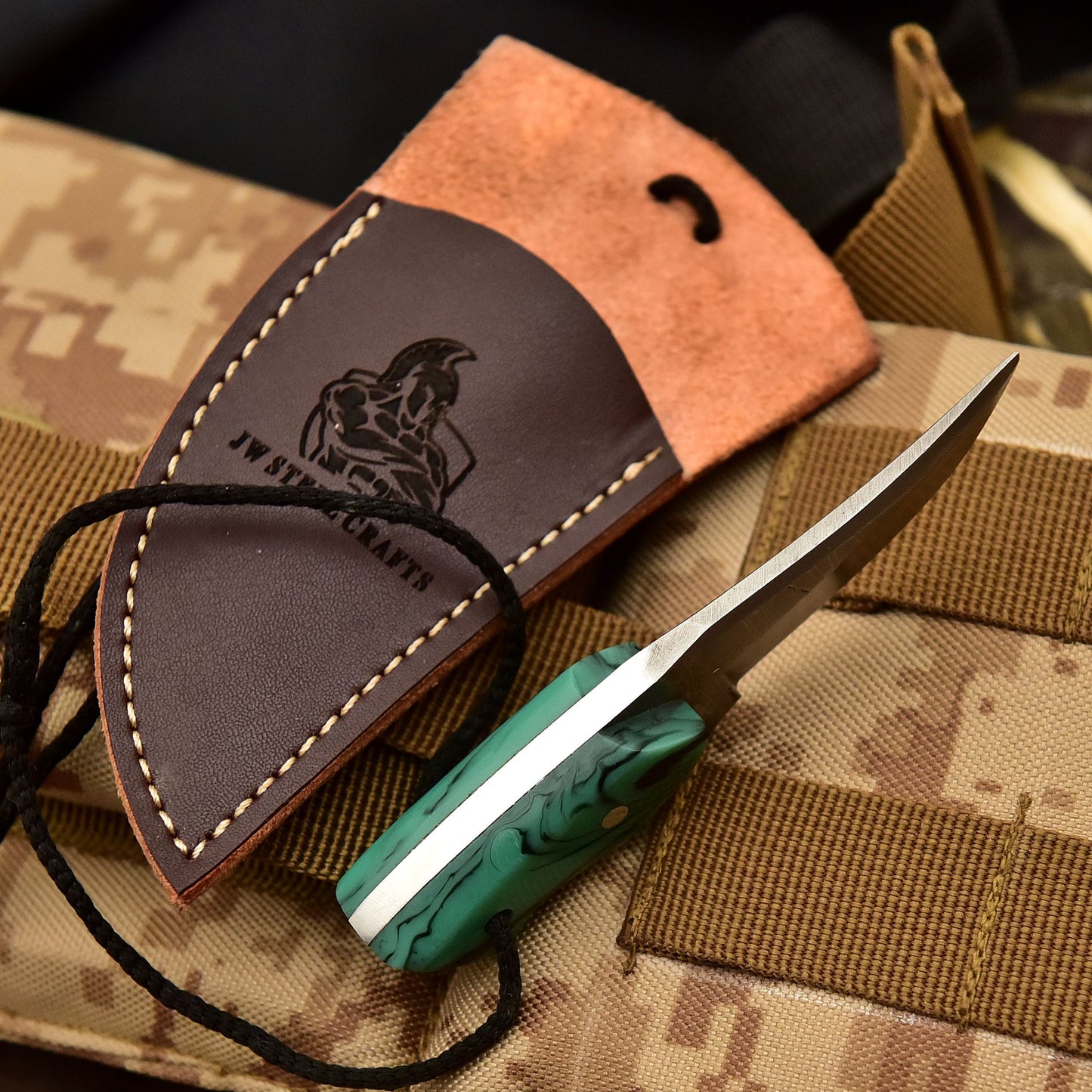 Neck Knife with Leather Sheath – Mini Damascus Pattern Blade | Green Resin Handle | JW SteelCrafts