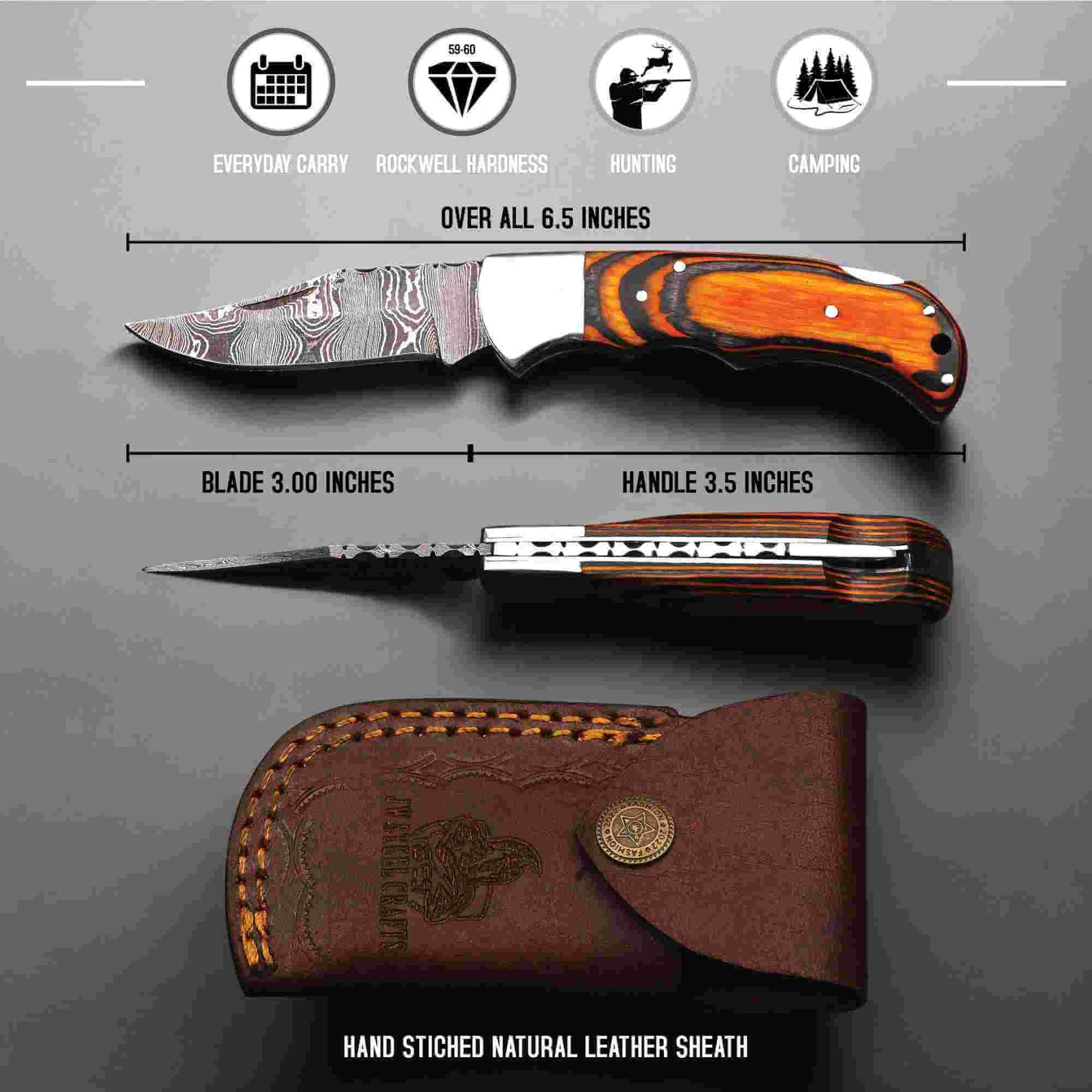 Damascus steel folding knife by JW SteelCrafts showing size specifications with 3-inch blade, 3.5-inch handle, 6.5-inch overall length, orange and black wood handle, and hand-stitched leather sheath for everyday carry, hunting, and camping