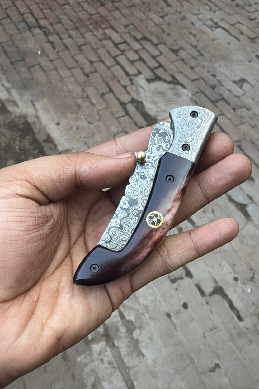 Twilight Burl Folder Knife 7" Handmade Burl Wood Damascus Blade
