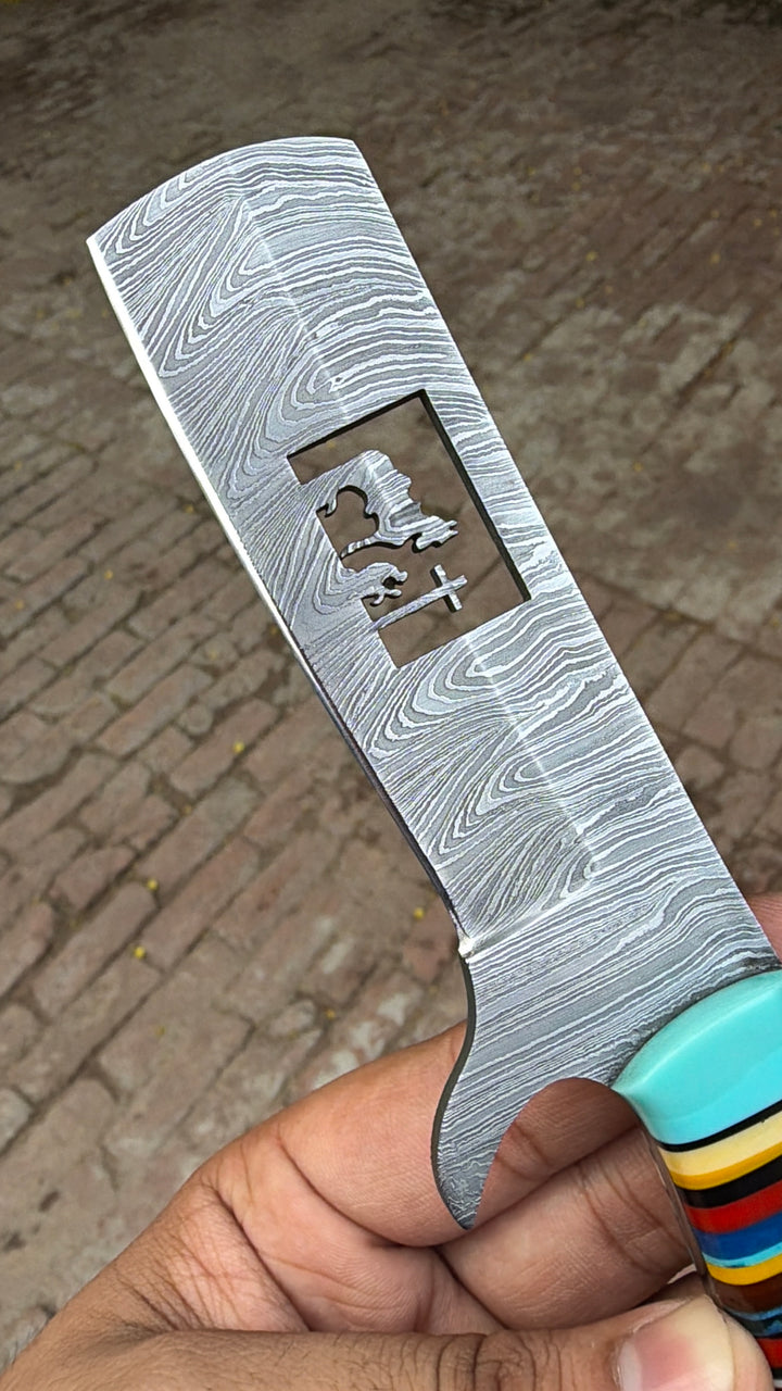 Damascus Bull Cutter Knife — Multi-Color Rainbow Resin Handle, Christian Cross Blade Engraving, Steel Bolster &amp; Lanyard Hole