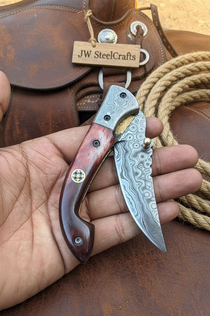 Twilight Burl Folder Knife 7" Handmade Burl Wood Damascus Blade
