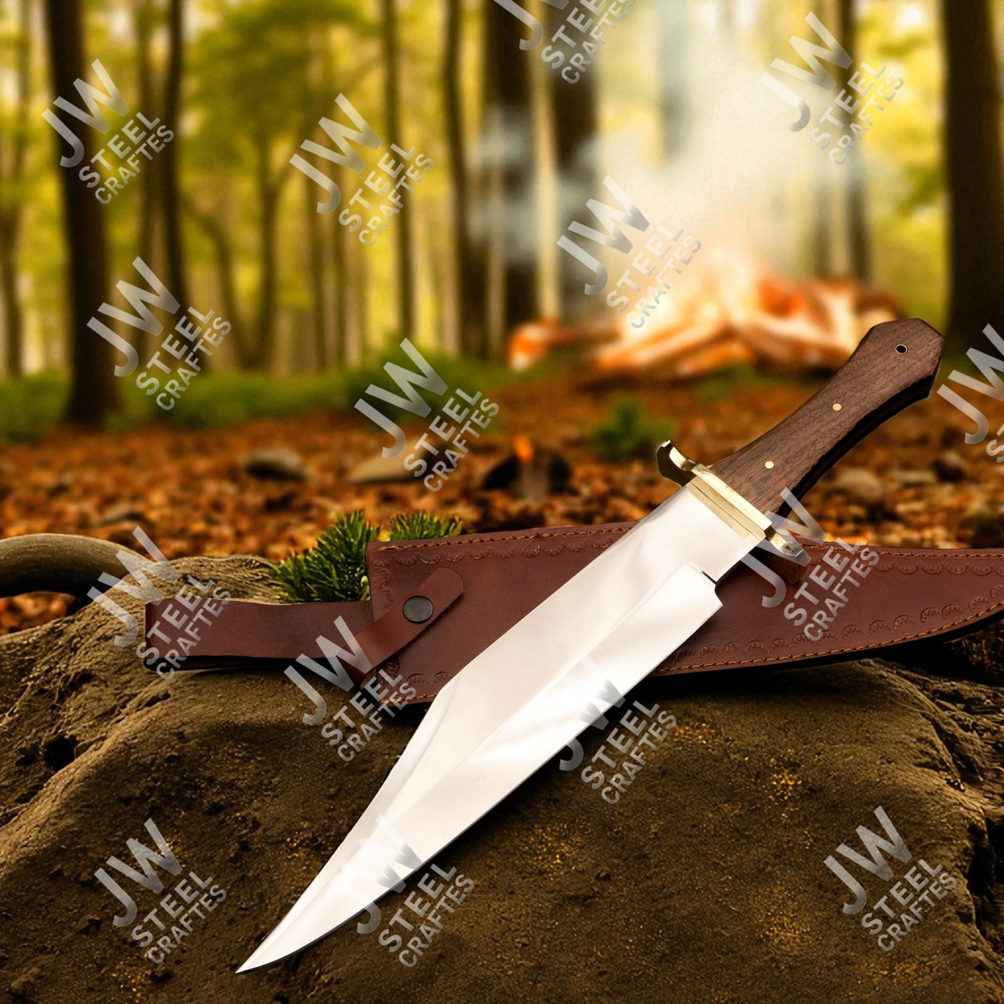 Hand Forged High Carbon Steel Bowie Knife with Rosewood Handle & Leather Sheath – 20" Hunting, Camping, Survival Knife