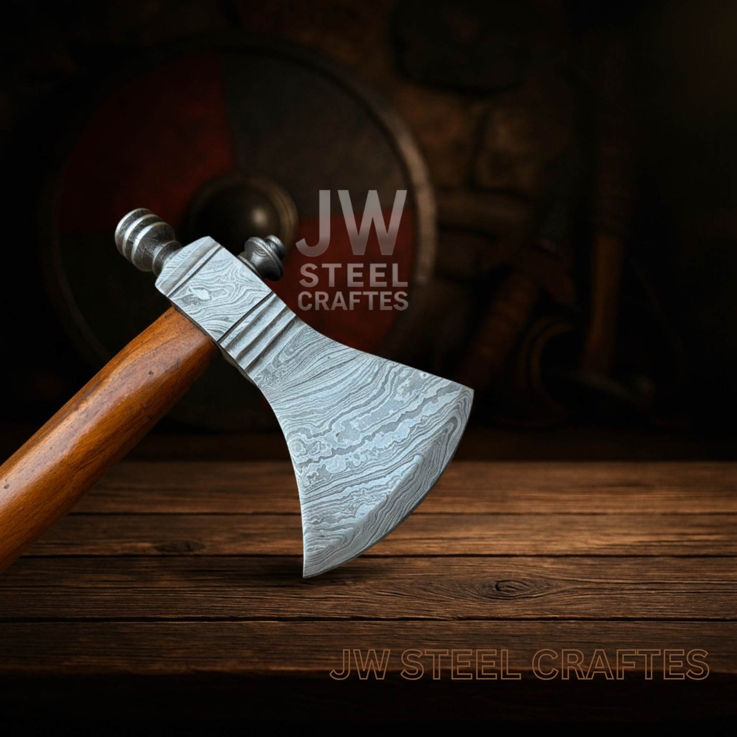 Hand-Forged Damascus Viking Axe – Steel Blade with Polished Wood Handle