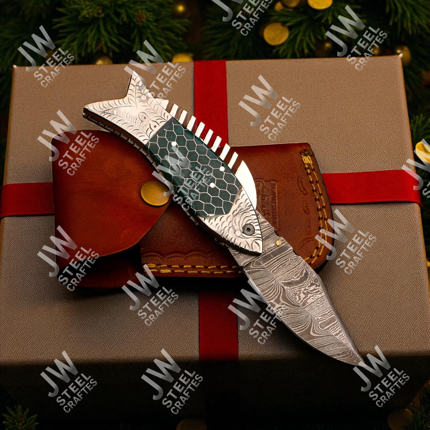 Hand-Forged Damascus Steel Folding Knife – Green Honeycomb Resin Fish Handle with Leather Sheath | Custom Collectible Gift