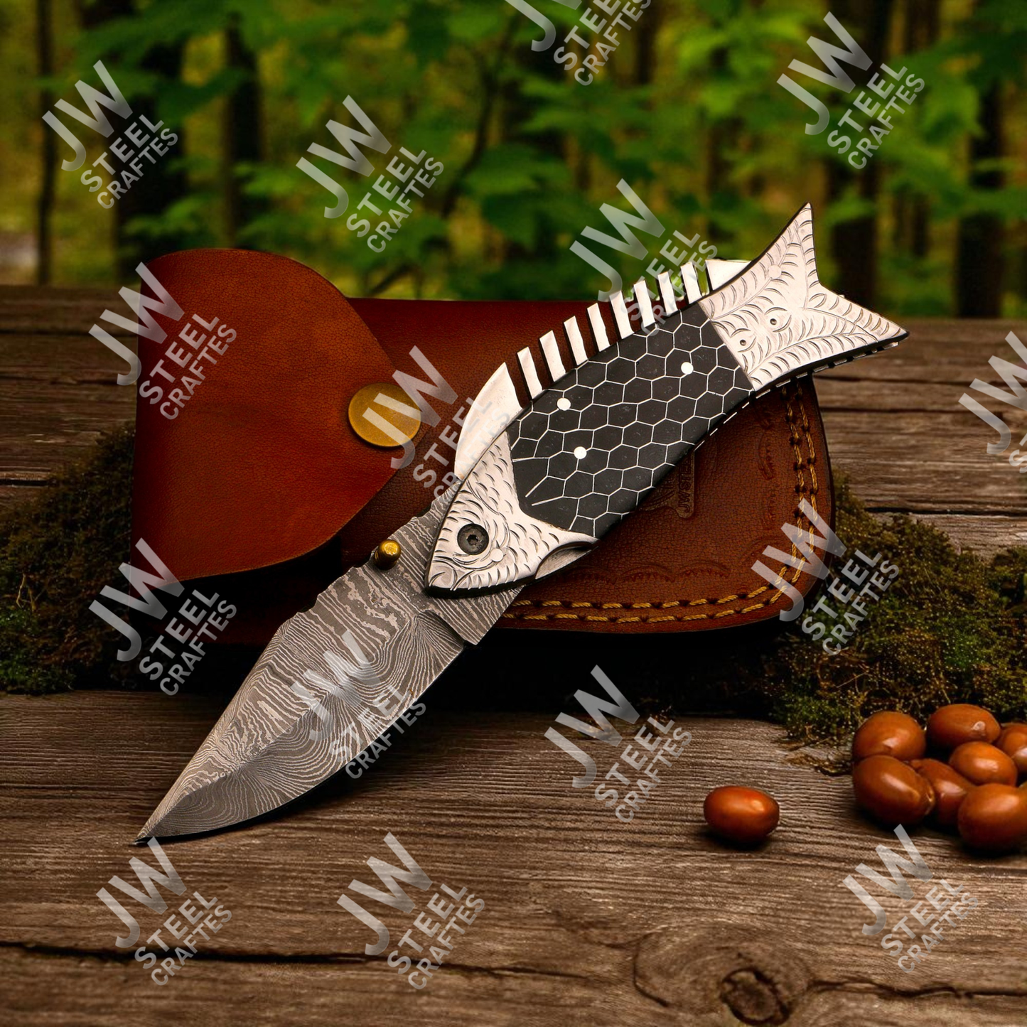 Hand-Forged Damascus Steel Folding Knife – Fish Design Pocket Knife with Resin Handle & Leather Sheath | Unique Collectible Gift for Him