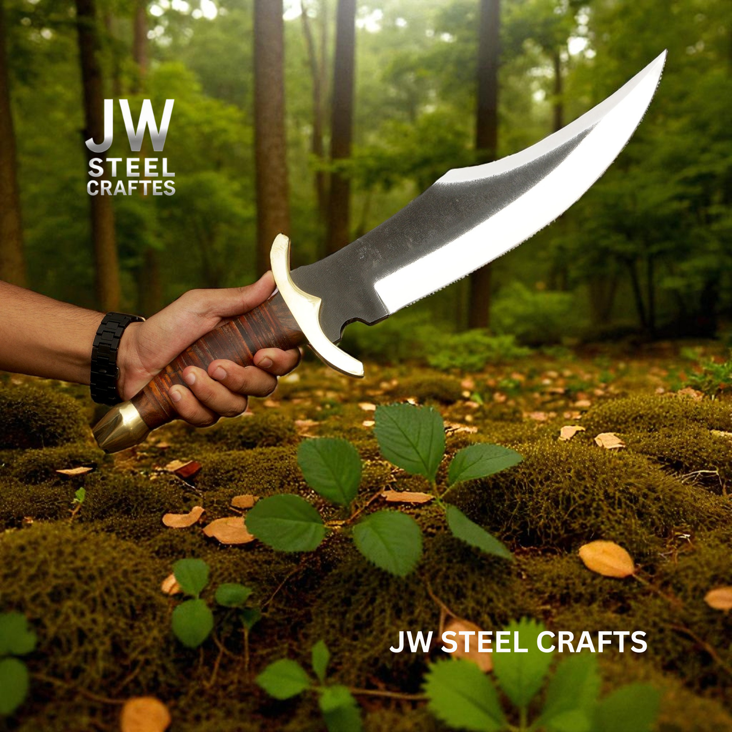 Hand holding a knife with 'JW Steel Crafts' branding in a forest setting
