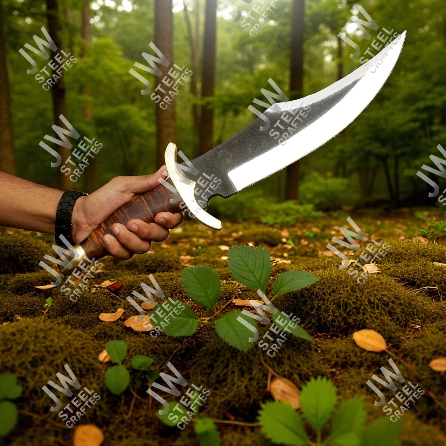 Hand Forged High Carbon Steel Bowie Knife with Leather Handle, Brass Guard & Sheath – Hunting, Camping, Collectors Knife