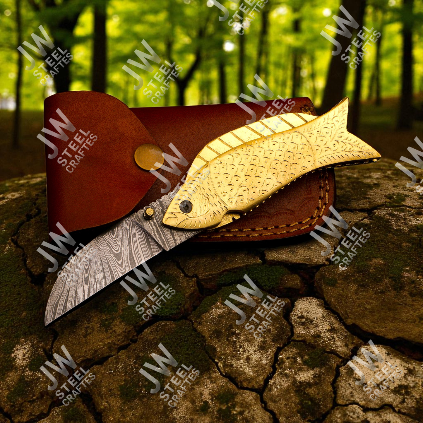 Hand-Forged Damascus Steel Folding Knife – Brass Fish Design Handle with Leather Sheath | Collectible Gift for Him