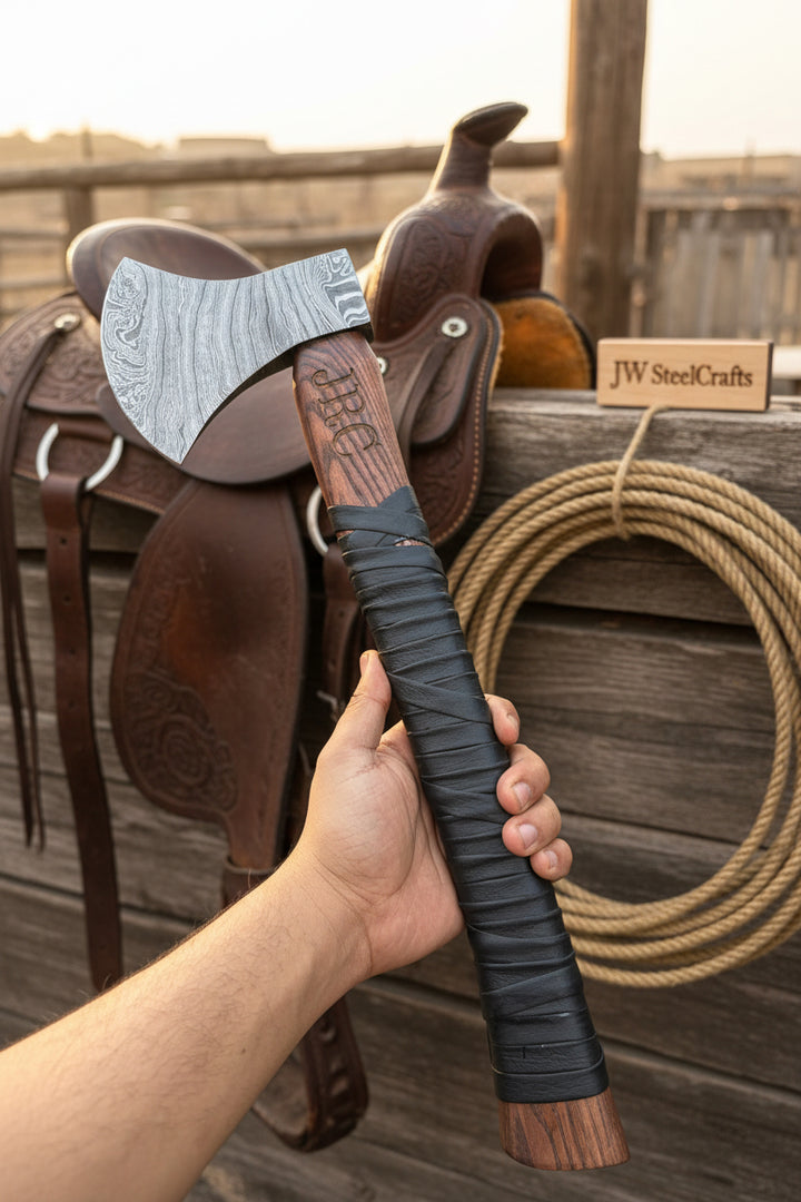Person holding a tomahawk with a textured handle against a brick wall background