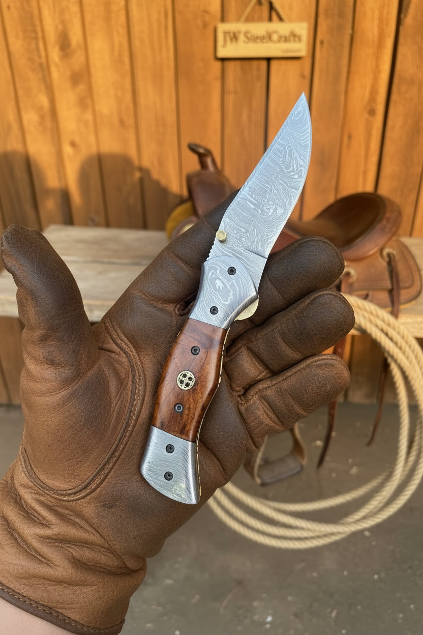 Dusty Trail Pocket Knife 7" Handmade Damascus Steel Folding Knife | JW Steelcrafts