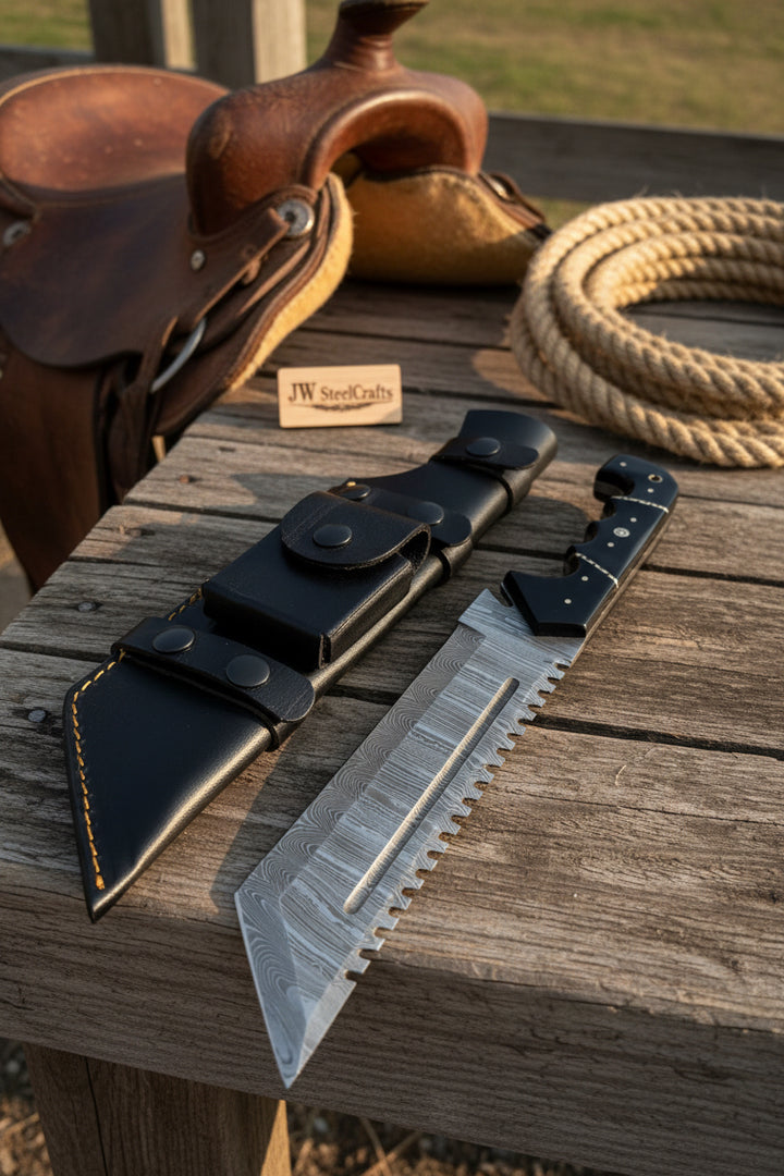 Handmade Damascus Tracker Knife 12” Sawback Blade Survival Knife Black resin Handle &amp; Sheath