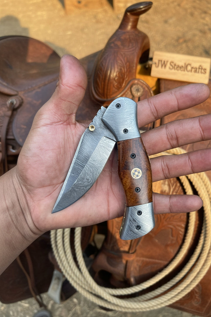 Dusty Trail Pocket Knife 7" Handmade Damascus Steel Folding Knife | JW Steelcrafts