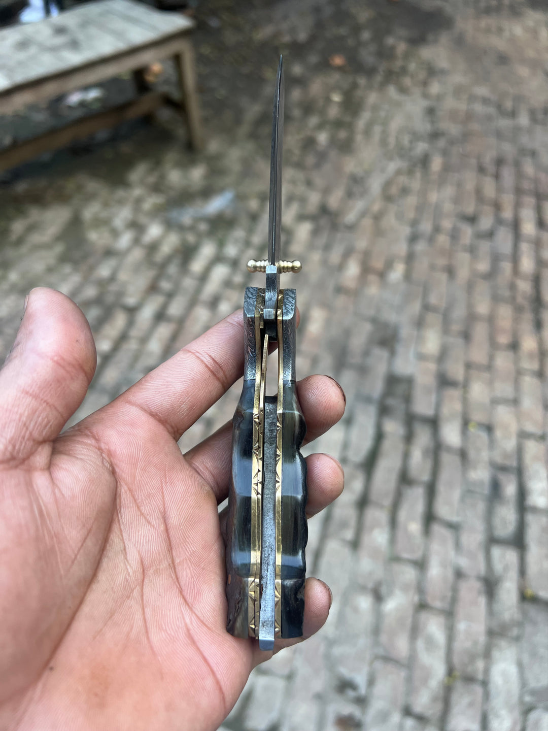 Grithorn Damascus Folder 7" Handmade Horn Handle Lock Back Mechanism