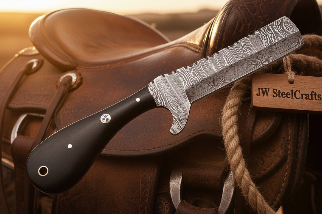 Blackhorn Bull Cutter Knife 7" Handmade Ladder Damascus Black Resin Handle