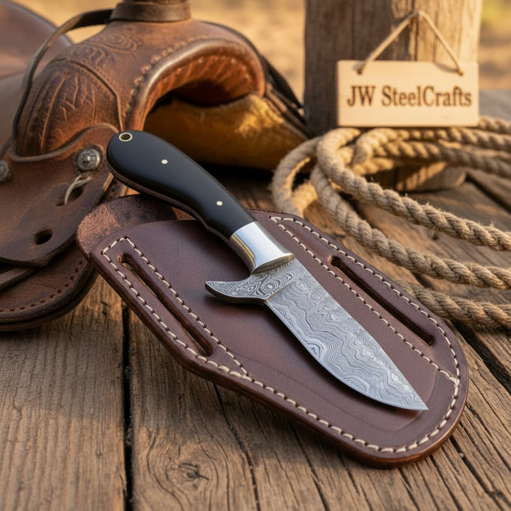 Onyx Range Skinner Knife 8" Handmade Damascus Black Micarta handle