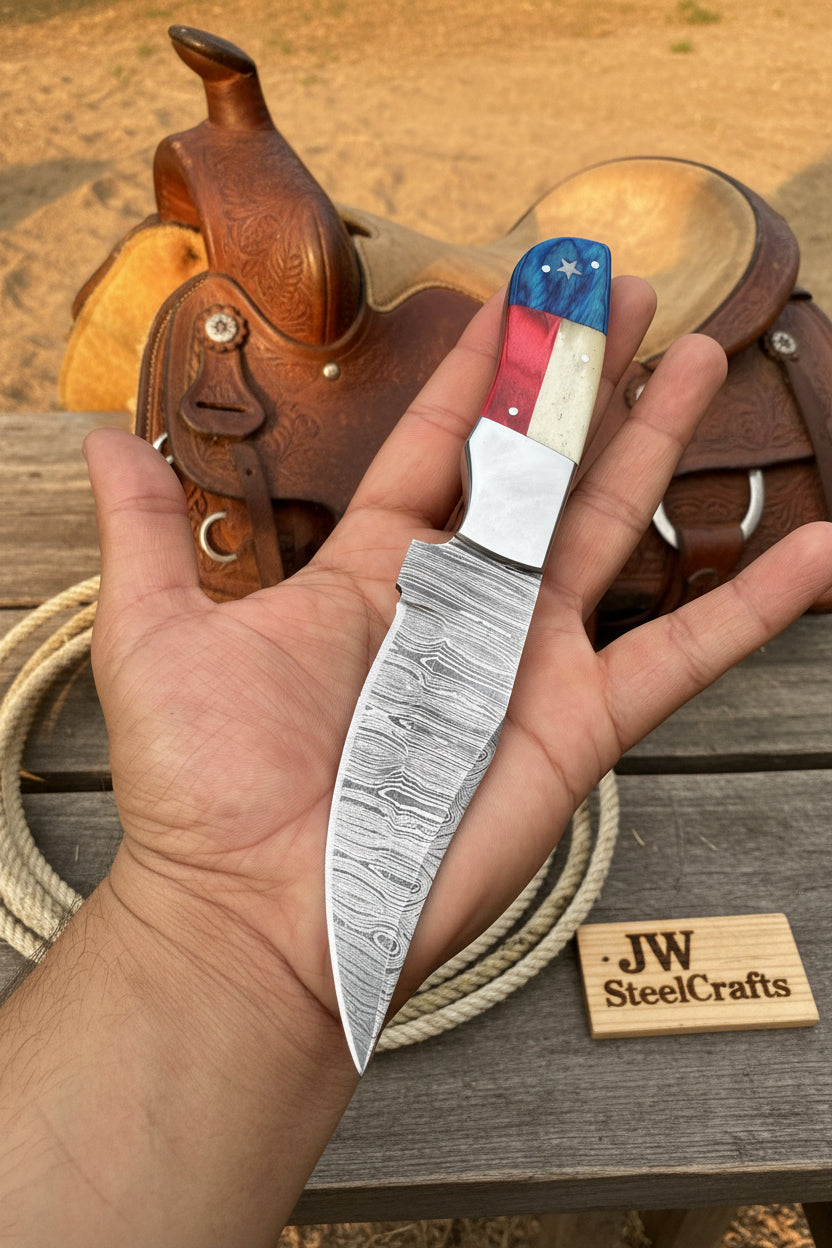 Damascus Camping Knife Fixed Blade USA Flag Resin Handle Outdoor Utility Knife with Sheath