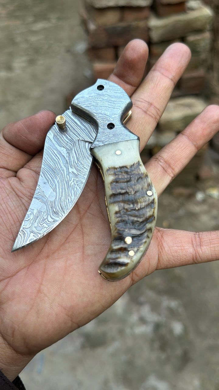Pearlridge Damascus Folder 7" Handmade Mother of Pearl Lock Back