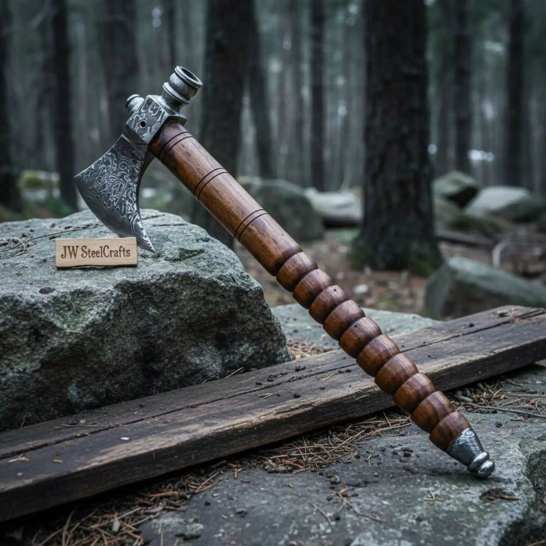     Brackenwood handcrafted Damascus tactical hatchet with carved wooden grip and etched steel head photographed in a misty forest.