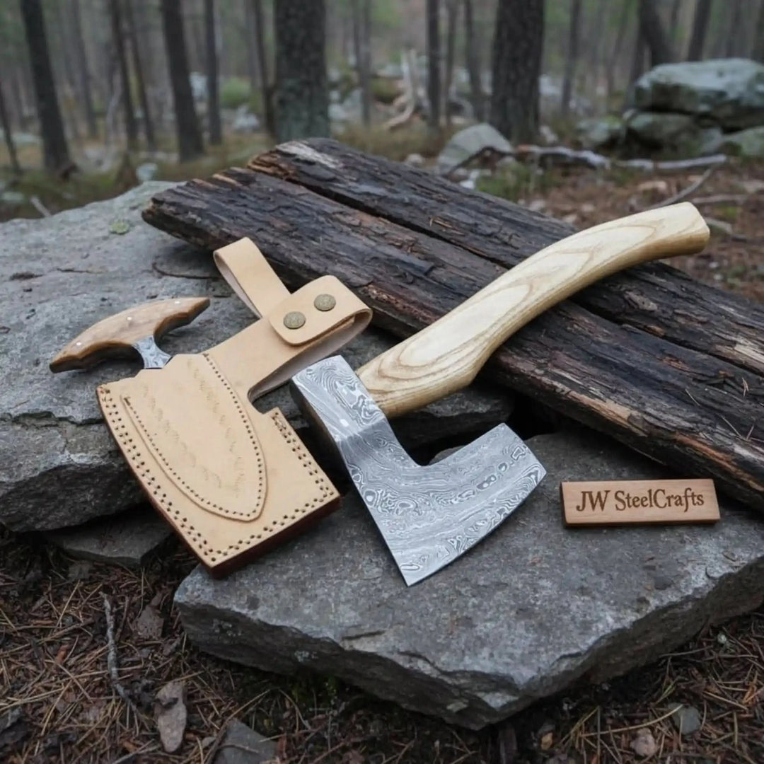     Brindleforge handcrafted Damascus camping hatchet set with detailed blade etching, light hardwood grip, and stitched leather cover outdoors.