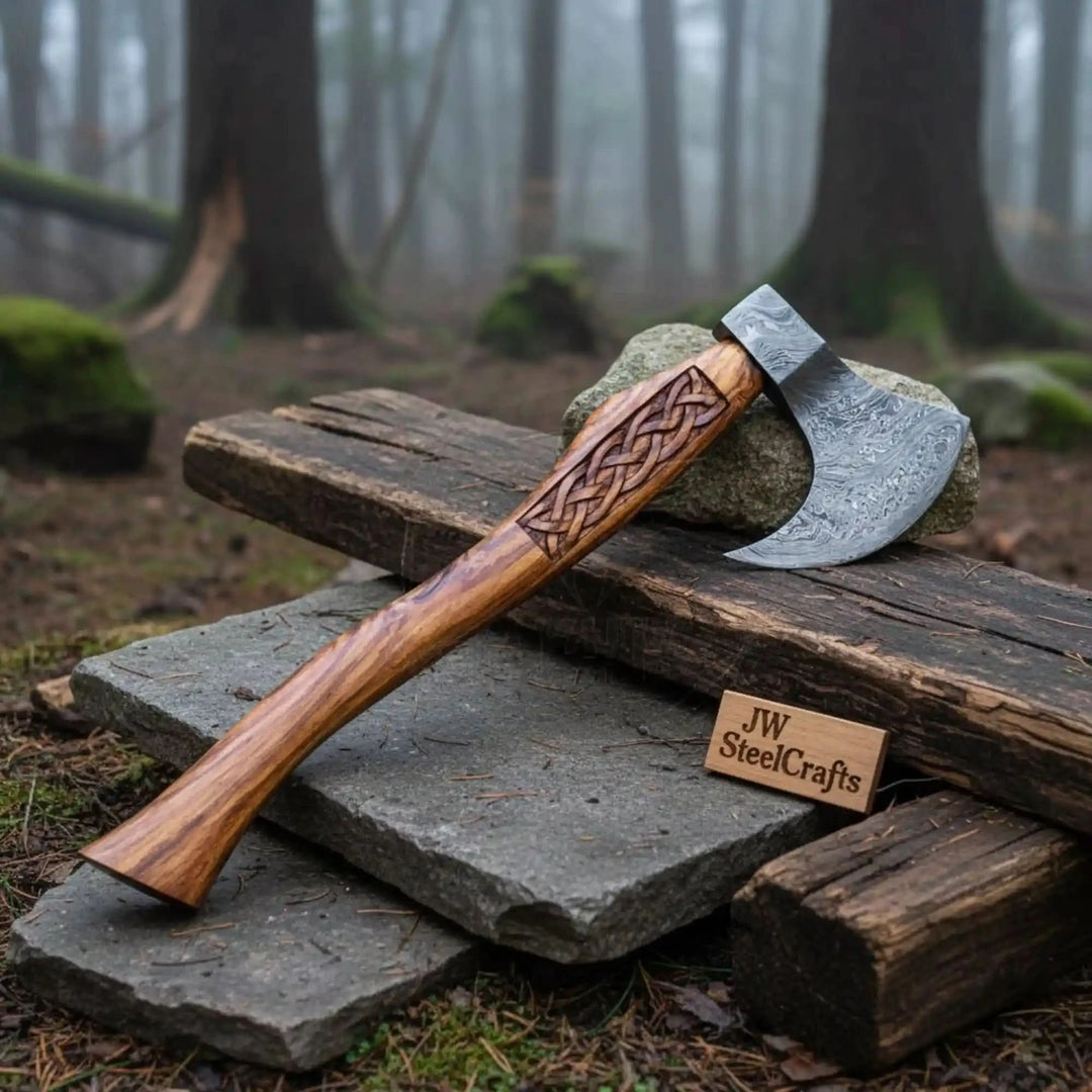     Brackenwood Celtic Damascus forest axe with carved braided wooden handle displayed on rustic stone slabs in a misty woodland.