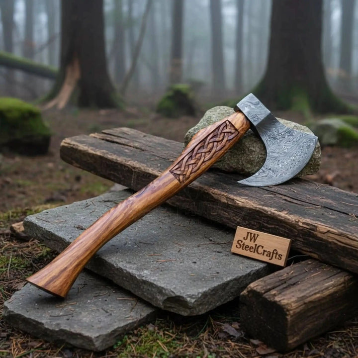     Brackenwood Celtic Damascus forest axe with carved braided wooden handle displayed on rustic stone slabs in a misty woodland.