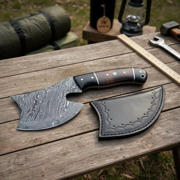     Crownhollow artisan Damascus steel camp cleaver resting on a weathered wooden surface with ruler, lantern, and outdoor gear in the background.