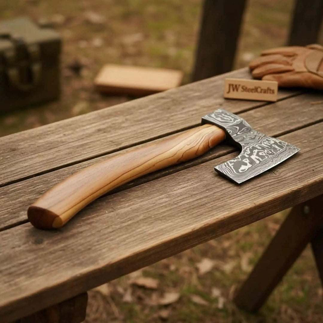     Briarwood custom Damascus cleaver hatchet featuring decorative steel engravings and smooth wood grain handle on wooden table.