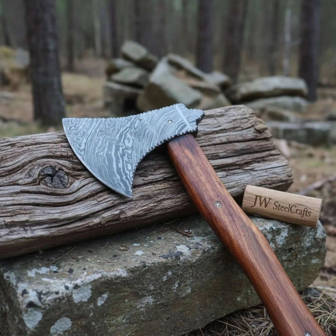     Branded custom camping hatchet featuring patterned Damascus steel and rich wooden handle displayed in a woodland environment.