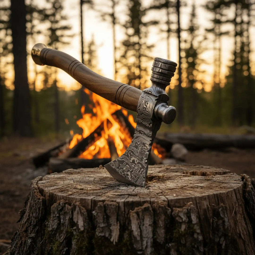     Blackthorn Damascus campfire hatchet embedded in a weathered tree stump beside glowing flames in a forest campsite.