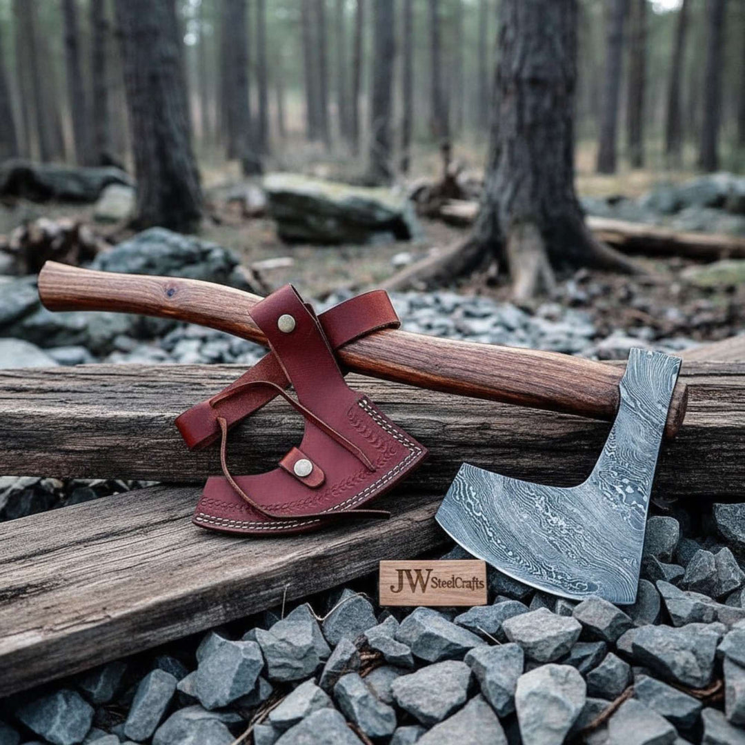     Boulder custom Damascus camp axe featuring layered steel blade and leather cover resting on rocky woodland terrain.