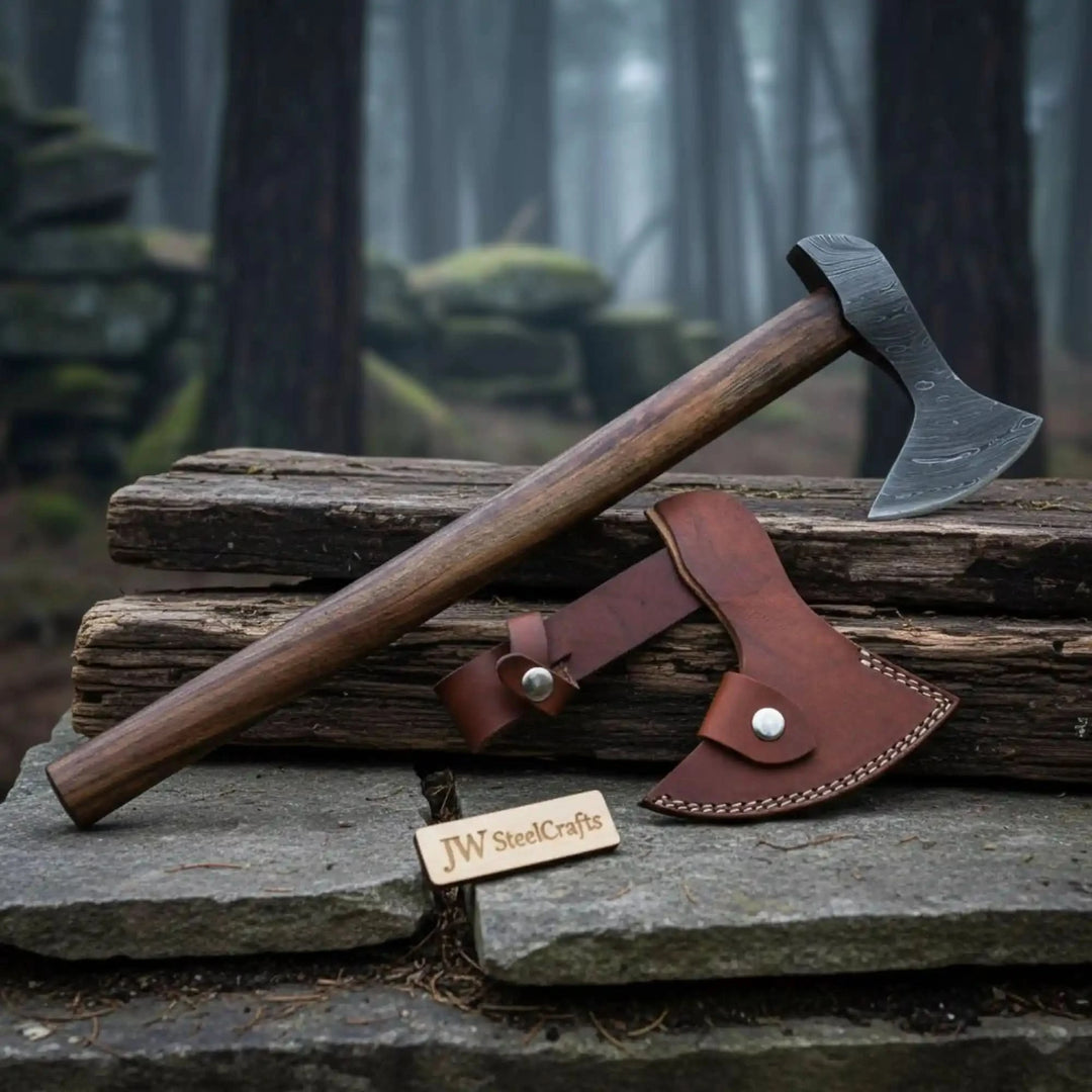     Brimstone handcrafted Damascus woodsman axe with sleek walnut handle and leather sheath displayed on rugged forest stone.