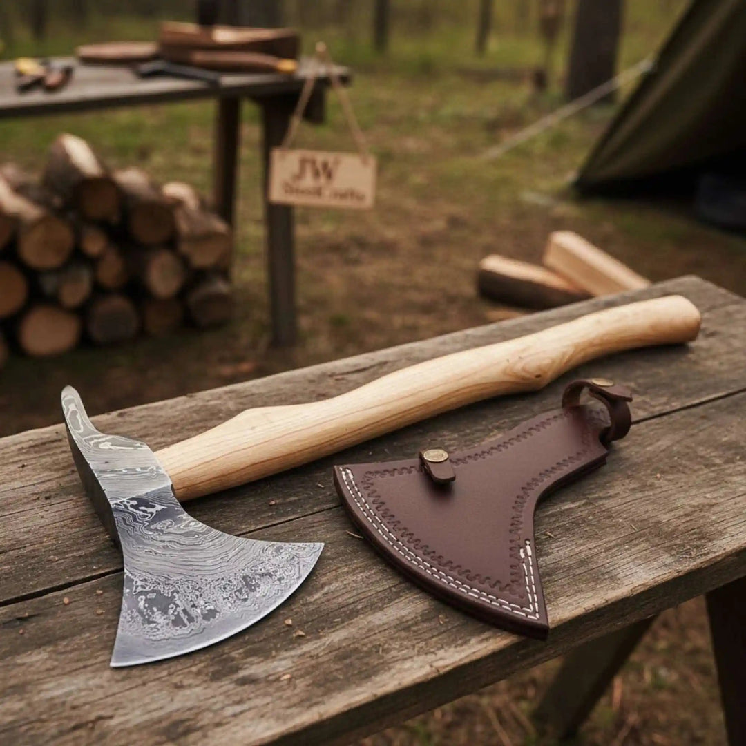     Blackridge handcrafted Viking hatchet featuring an engraved Damascus blade and pale wooden handle resting on a weathered workbench.