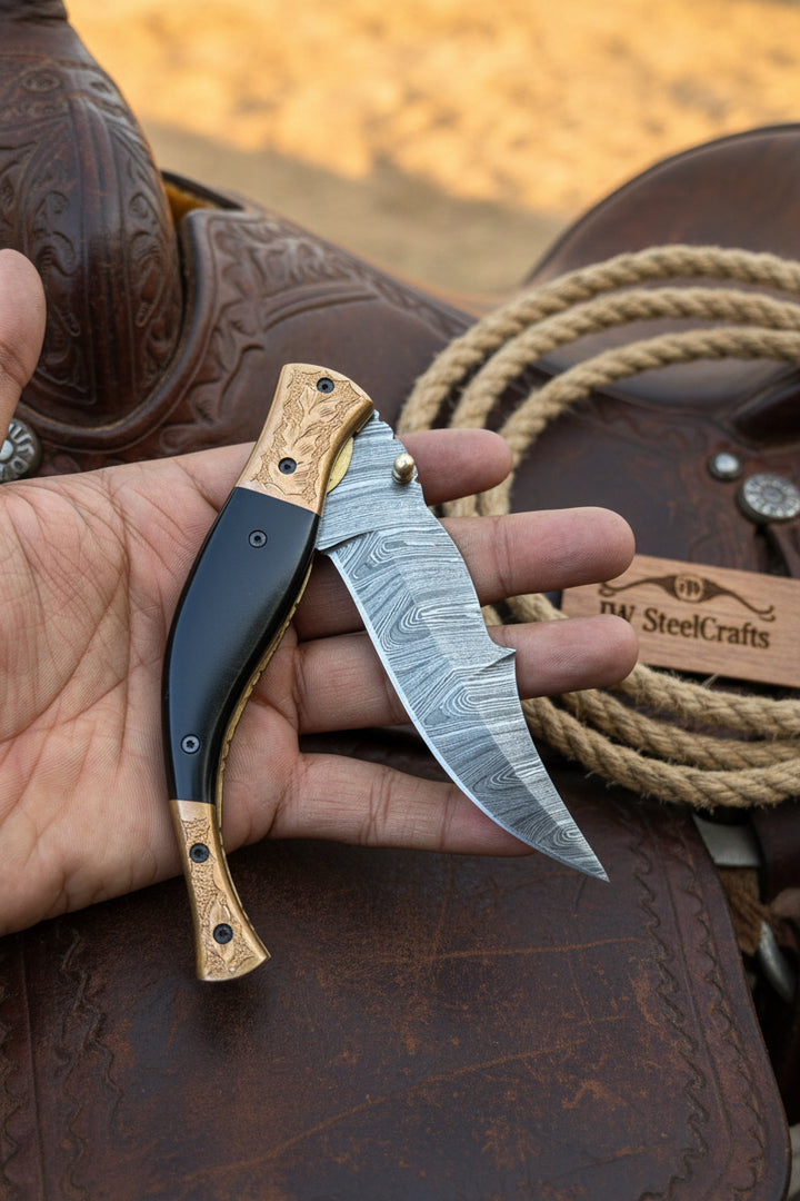 Hidewood Skinner Folder Knife 8" Handmade Damascus Micarta Handle