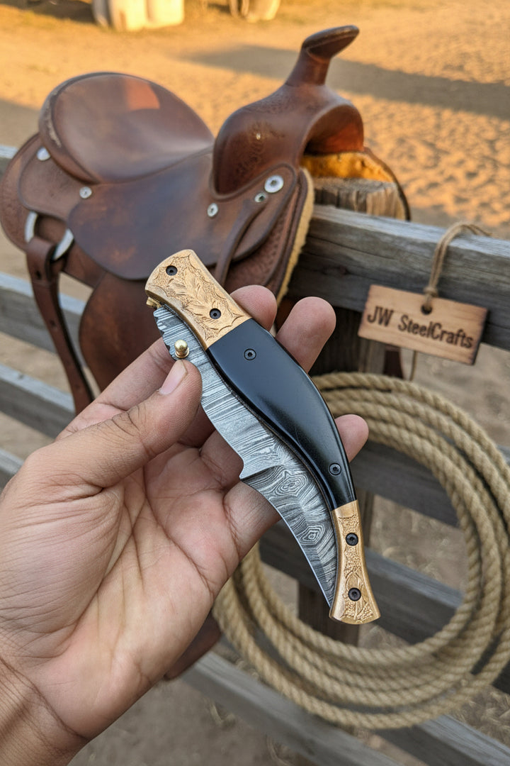 Hidewood Skinner Folder Knife 8" Handmade Damascus Micarta Handle