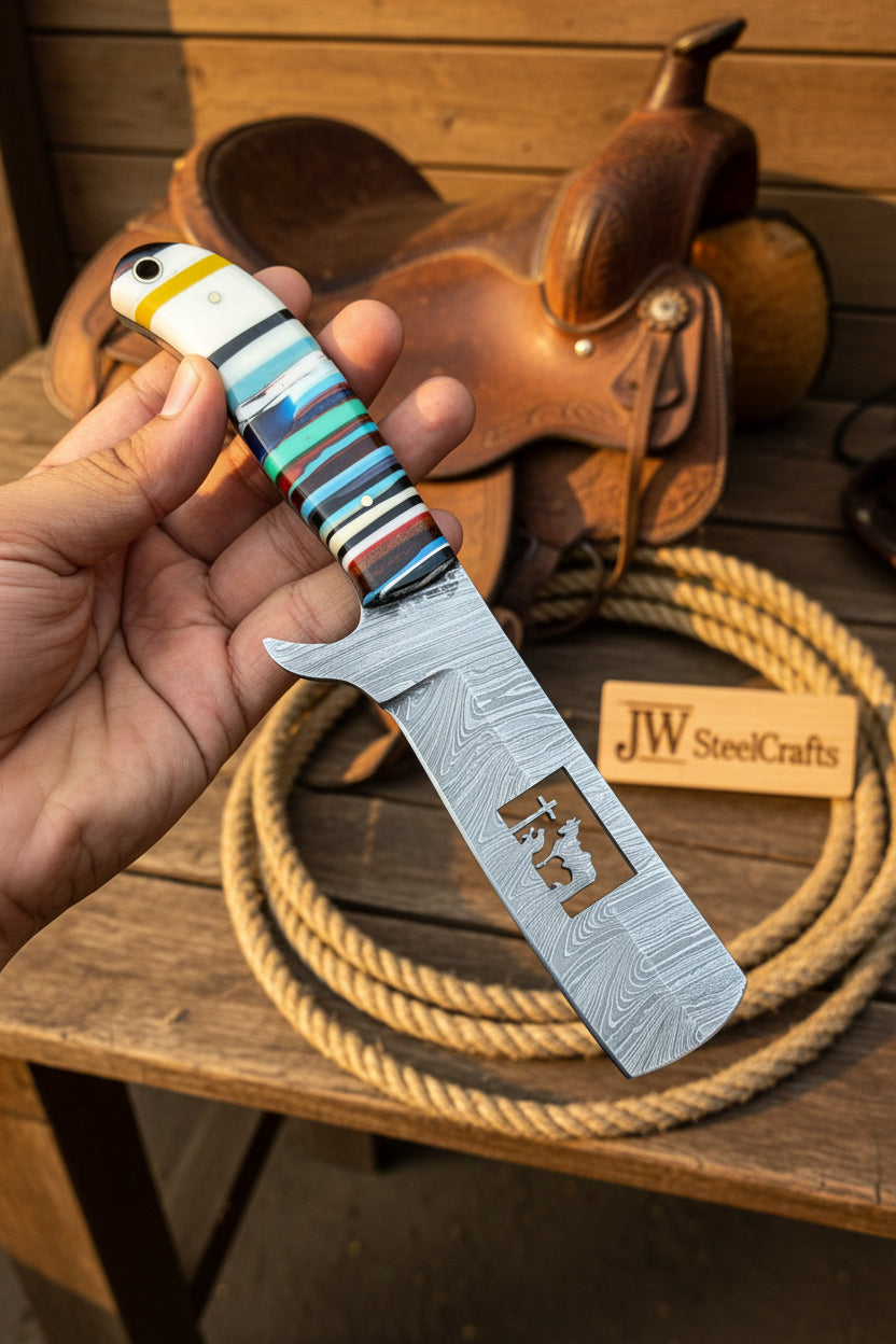 Damascus Bull Cutter Knife — Multi-Color Rainbow Resin Handle, Christian Cross Blade Engraving, Steel Bolster &amp; Lanyard Hole