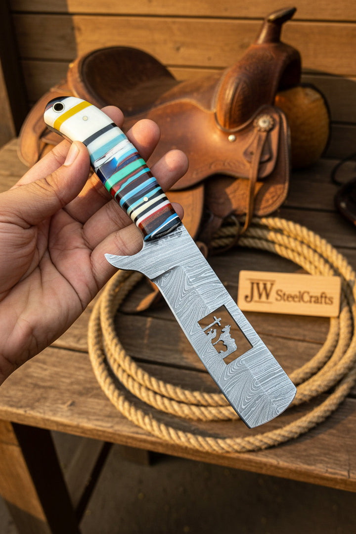 Damascus Bull Cutter Knife — Multi-Color Rainbow Resin Handle, Christian Cross Blade Engraving, Steel Bolster &amp; Lanyard Hole