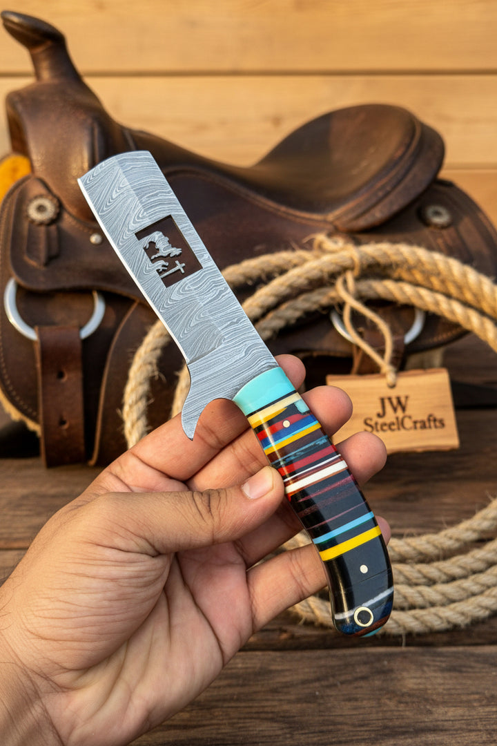 Damascus Bull Cutter Knife — Multi-Color Rainbow Resin Handle, Christian Cross Blade Engraving, Steel Bolster &amp; Lanyard Hole