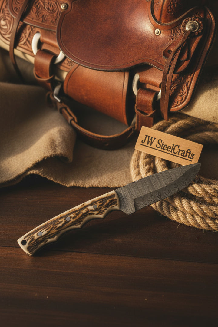 Rustic Hollow Hunter Knife 12" Handmade Damascus Stag Horn Handle