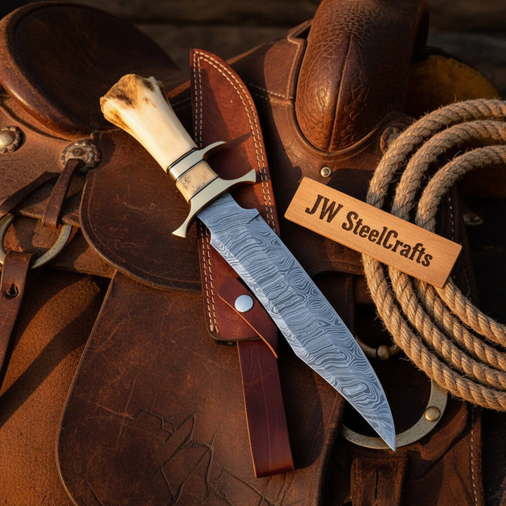 Frontier Stag Bowie Knife 10" Handmade Damascus Stag Antler Handle
