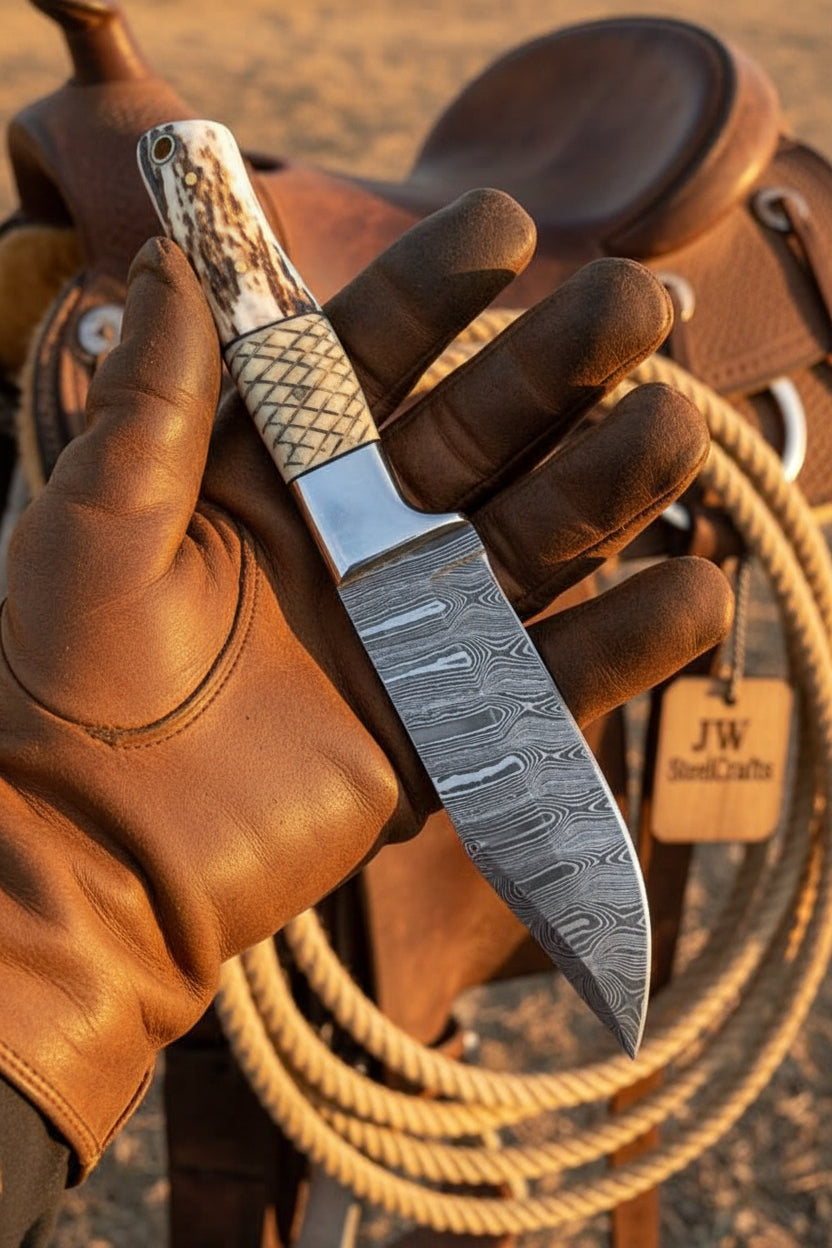 Frontier Stag Damascus Hunting Knife 9" Cross-Hatch Stag Horn