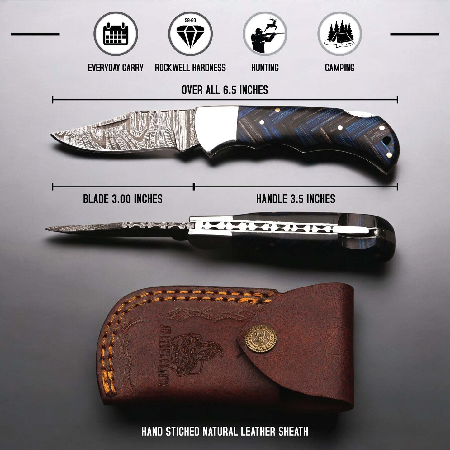 Damascus steel folding knife shown with size measurements, featuring a 3-inch blade, 3.5-inch pakka wood handle with stainless steel bolster, overall length of 6.5 inches, displayed alongside hand-stitched natural leather sheath.