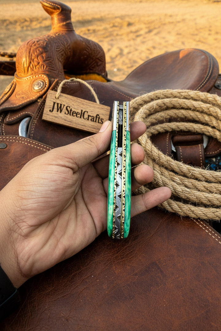 Jadeline Damascus Folder 7" Handmade Turquoise-Green Resin Handle
