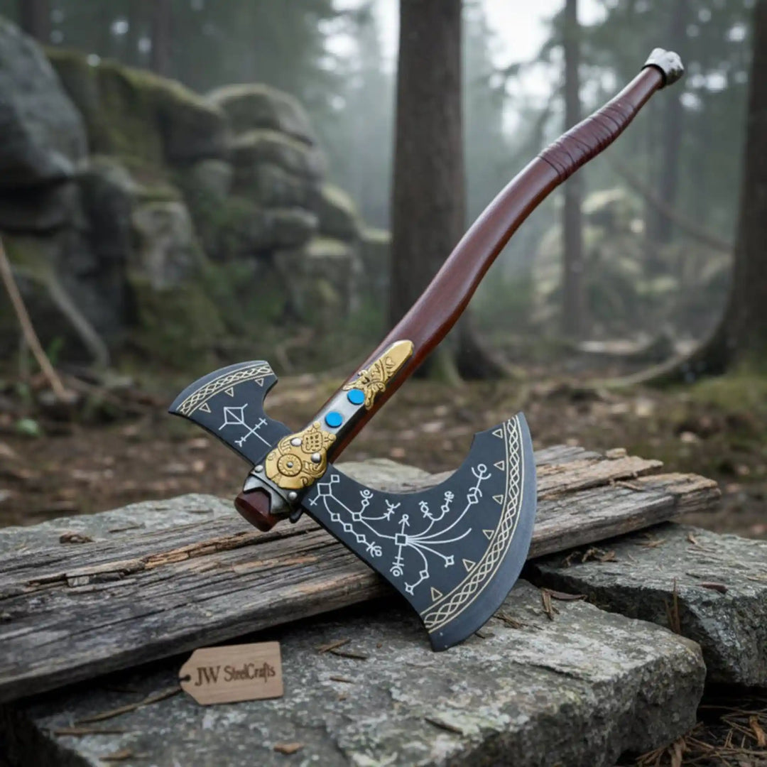
JW SteelCrafts Viking fantasy display axe with dark engraved double-bit steel head, gold ornate handle fittings and blue gemstone inlays on stone wall background