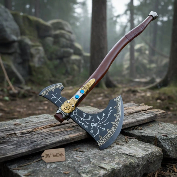 
JW SteelCrafts Viking fantasy display axe with dark engraved double-bit steel head, gold ornate handle fittings and blue gemstone inlays on stone wall background